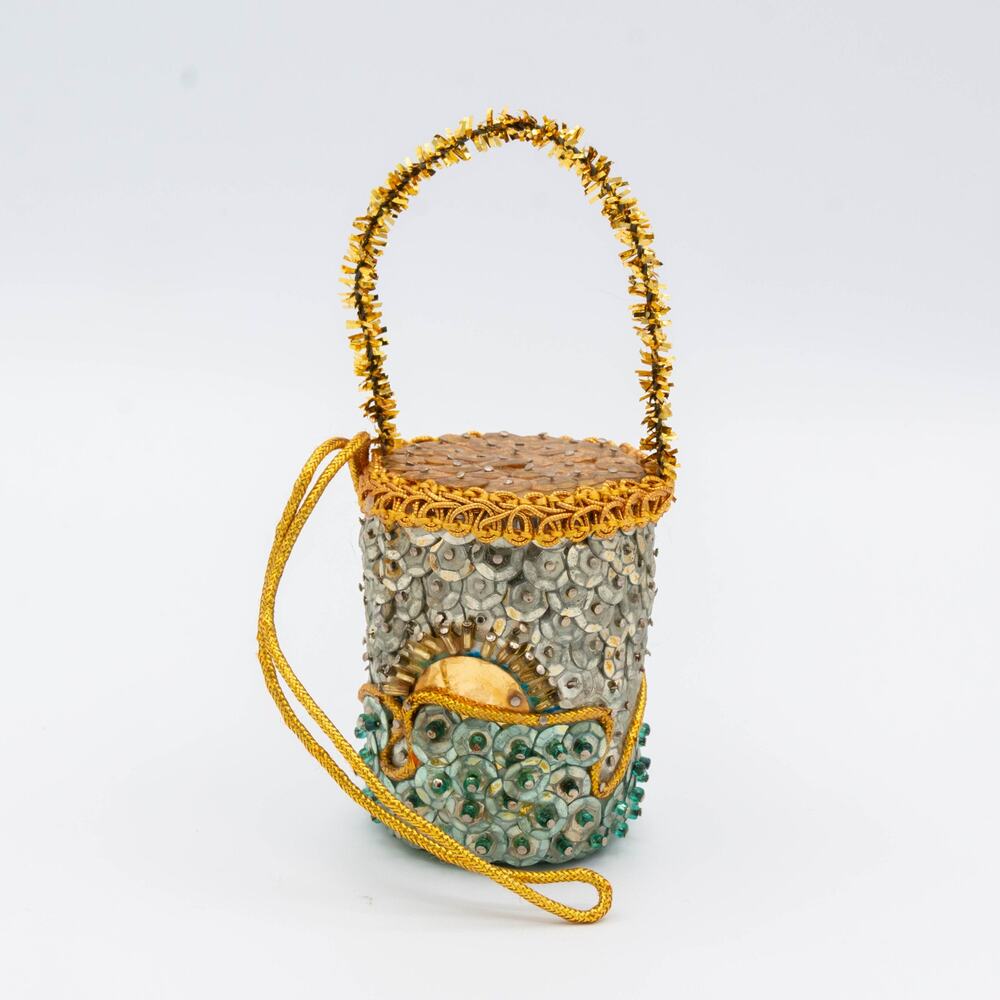 VTG Handmade Push Pin Sequin Beaded Christmas Ornament Kitschy Gold Teal Wave